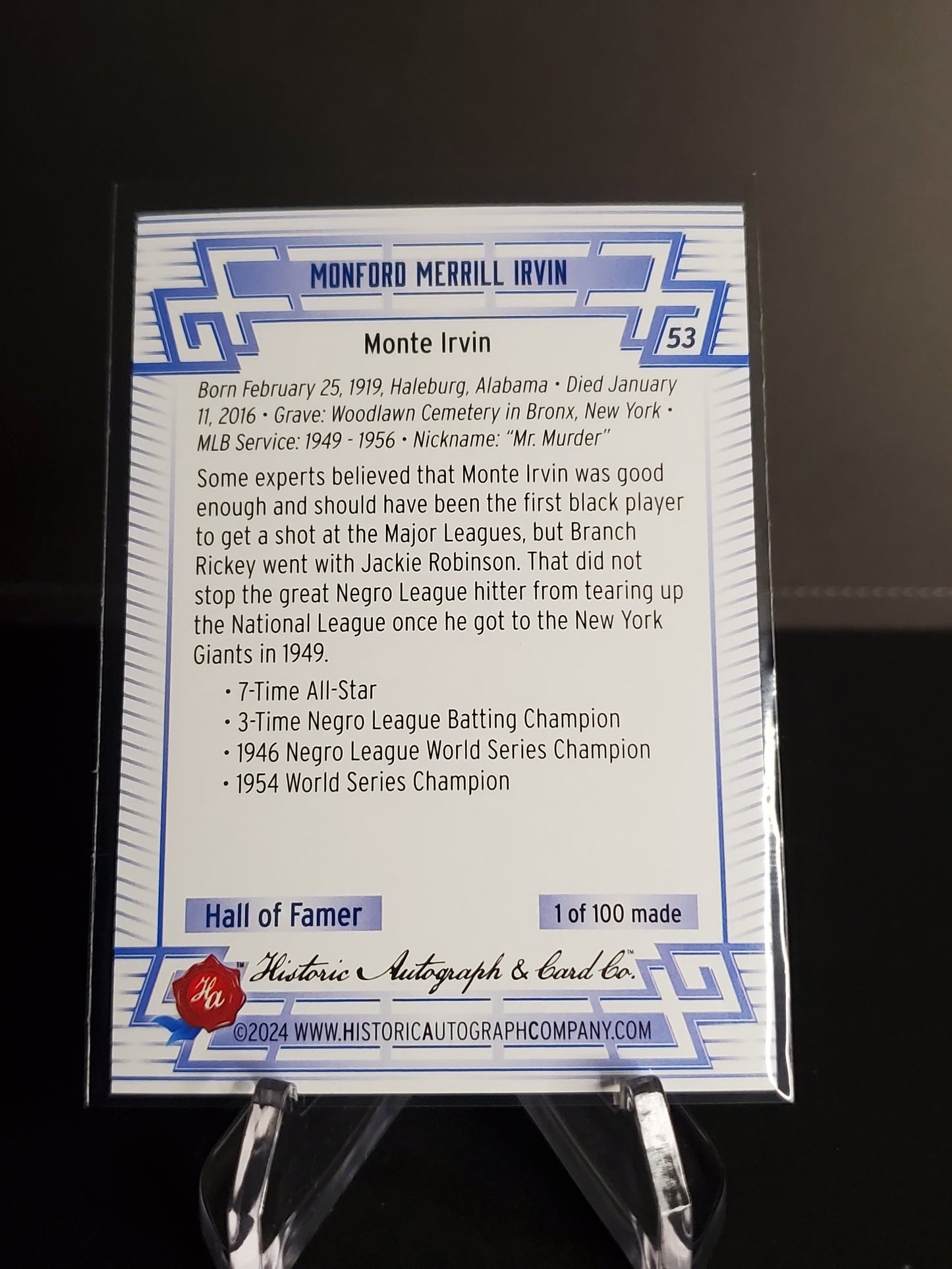 Monte Irvin 2024 Historic Autographs All Time Greats Tier 7 /100 #53