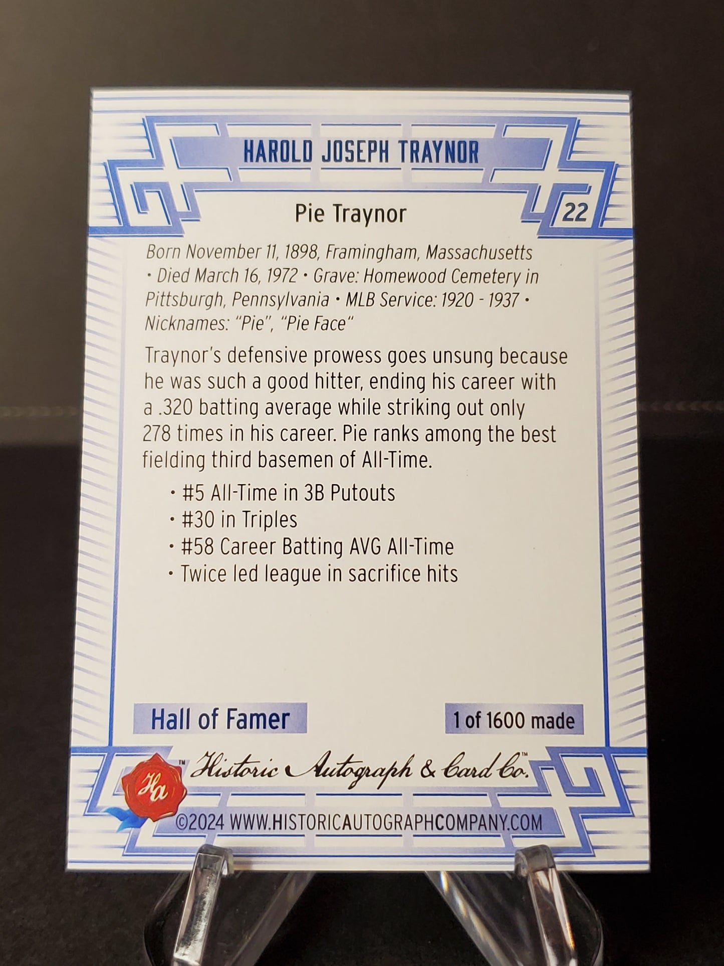 Pie Traynor 2024 Historic Autographs All Time Greats Tier 1 /1600 #22