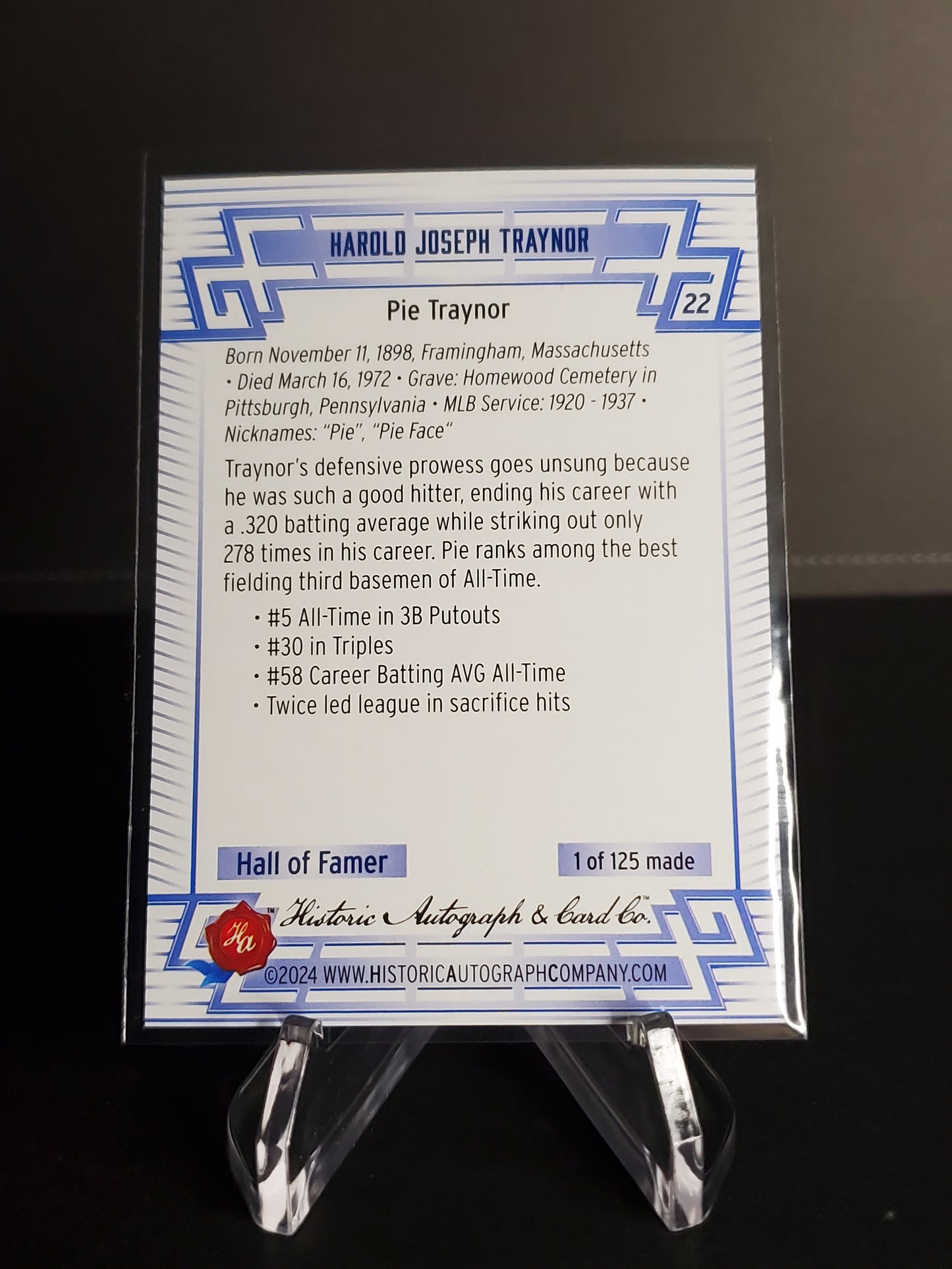 Pie Traynor 2024 Historic Autographs All Time Greats Tier 6 /125 #22