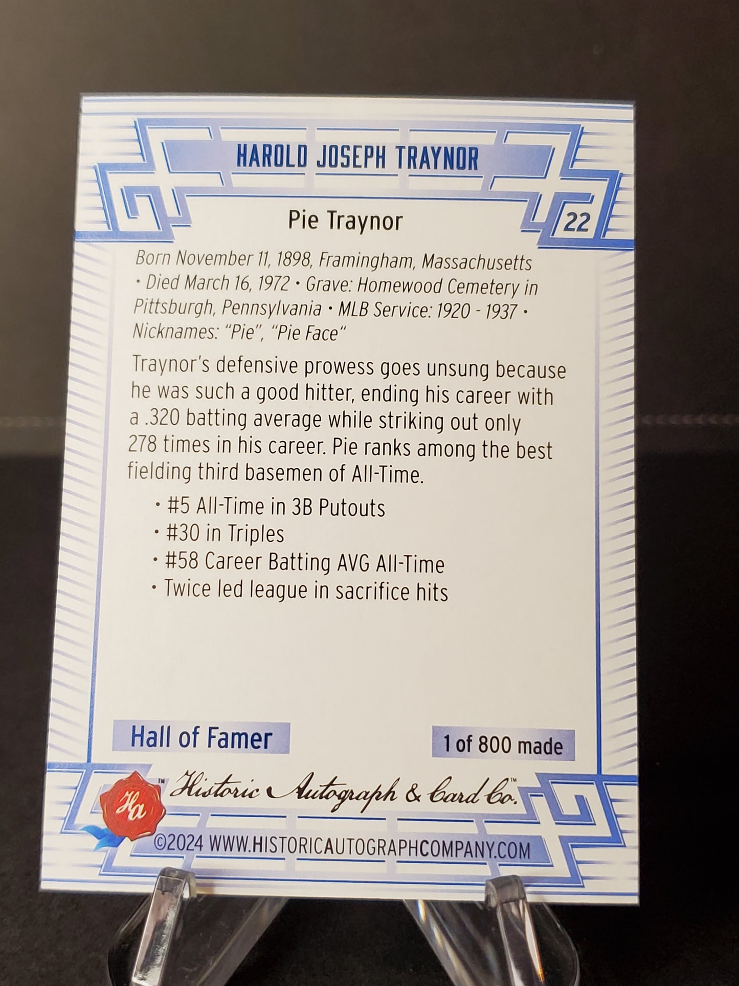 Pie Traynor 2024 Historic Autographs All Time Greats Tier 2 /800 #22