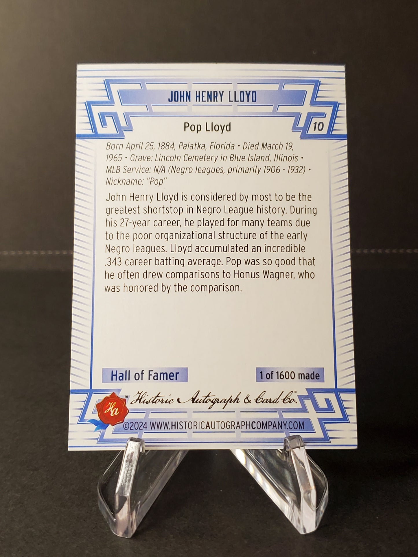 Pop Lloyd 2024 Historic Autographs All Time Greats Tier 1 /1600 #10