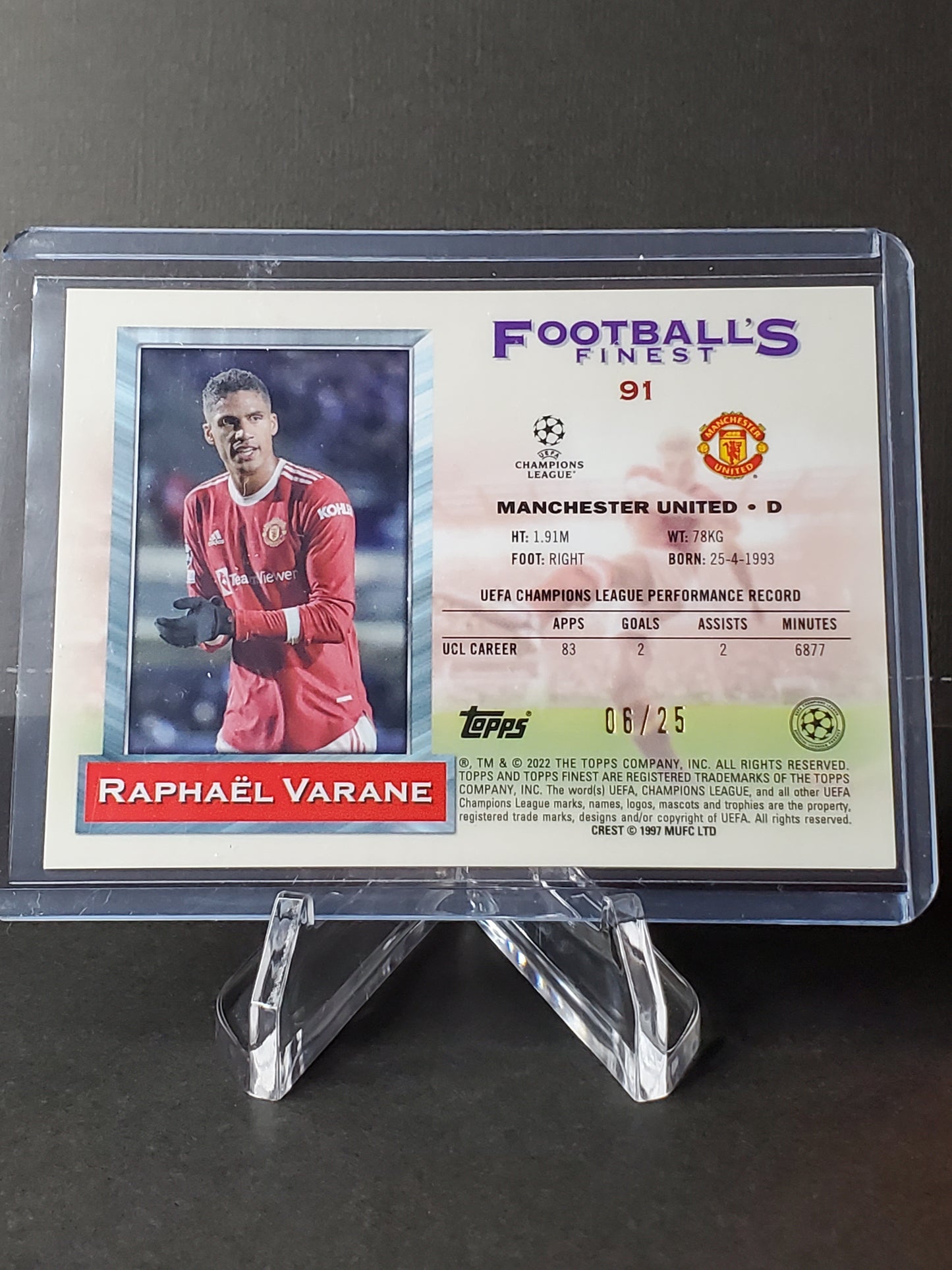 Raphael Varane 2021-2022 Topps Football's Finest UEFA Champions League: Black Parallel #91: /25
