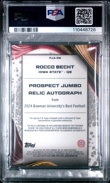 2024 Bowman Best University Rocco Becht #RB Jumbo Patch AUTO PSA 8.5 /25