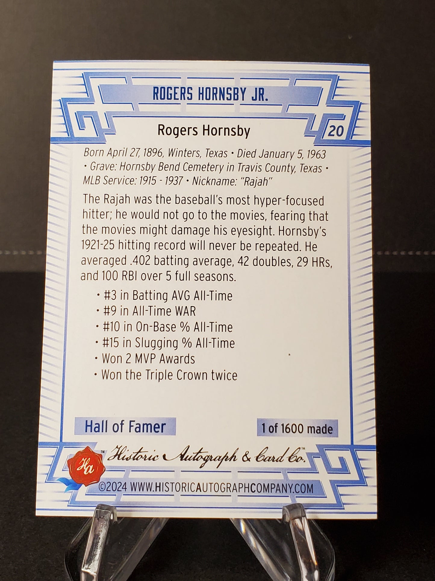 Rogers Hornsby Jr. 2024 Historic Autographs All Time Greats Tier 1 /1600 #20