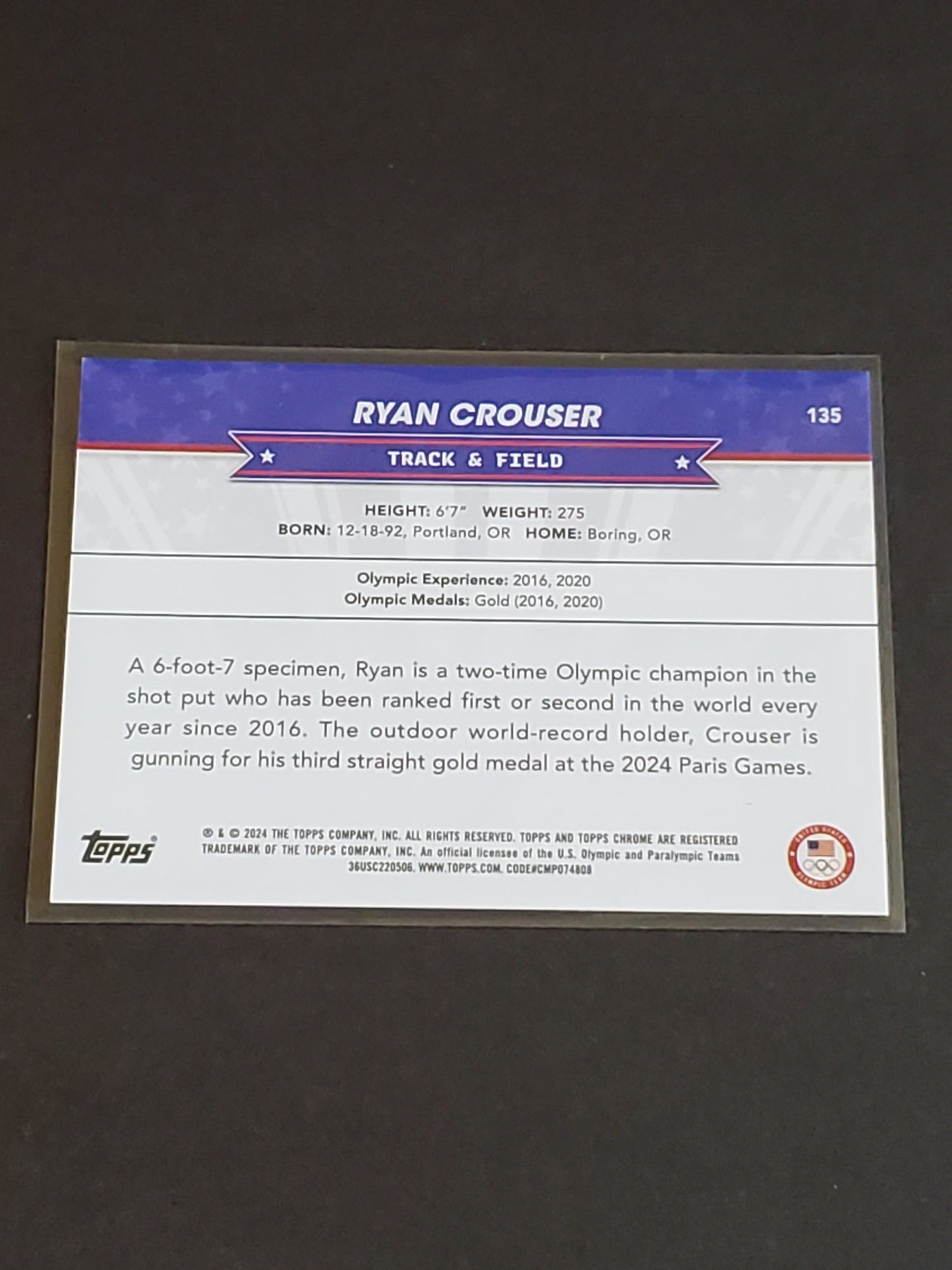 Ryan Crouser 2024 Topps Chrome US Olympic and Paraolympic Hopefuls Orange Parallel /25 #135