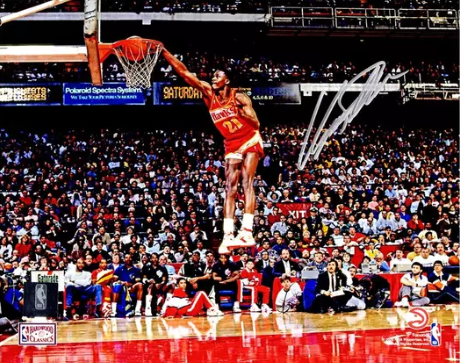 Dominique Wilkins Signed Atlanta Hawks One Hand Slam Dunk Action 8x10 Photo COA