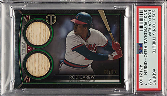 Rod Carew 2020 Topps Tribute Dual Game Used Bat Green /99 PSA (Pop 1) !!