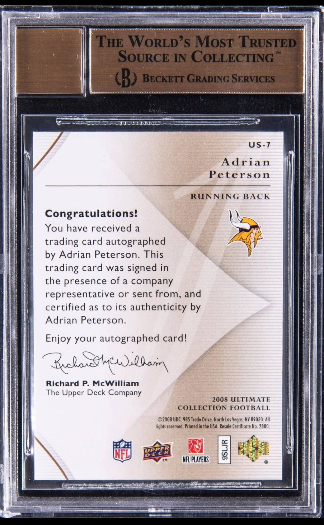 2008 UD Ultimate Signatures Adrian Peterson Auto /15 BGS 9.5/10 True Gem+