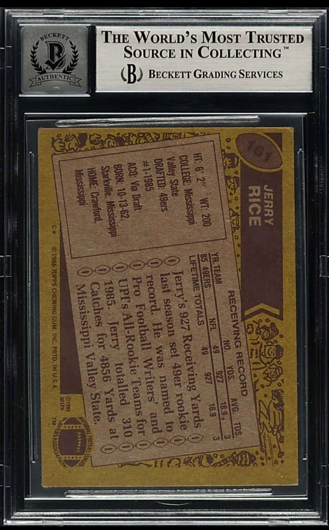 1986 Topps #161 Jerry Rice Rookie Auto Beckett GEM MINT 10 HOF 49ers RC