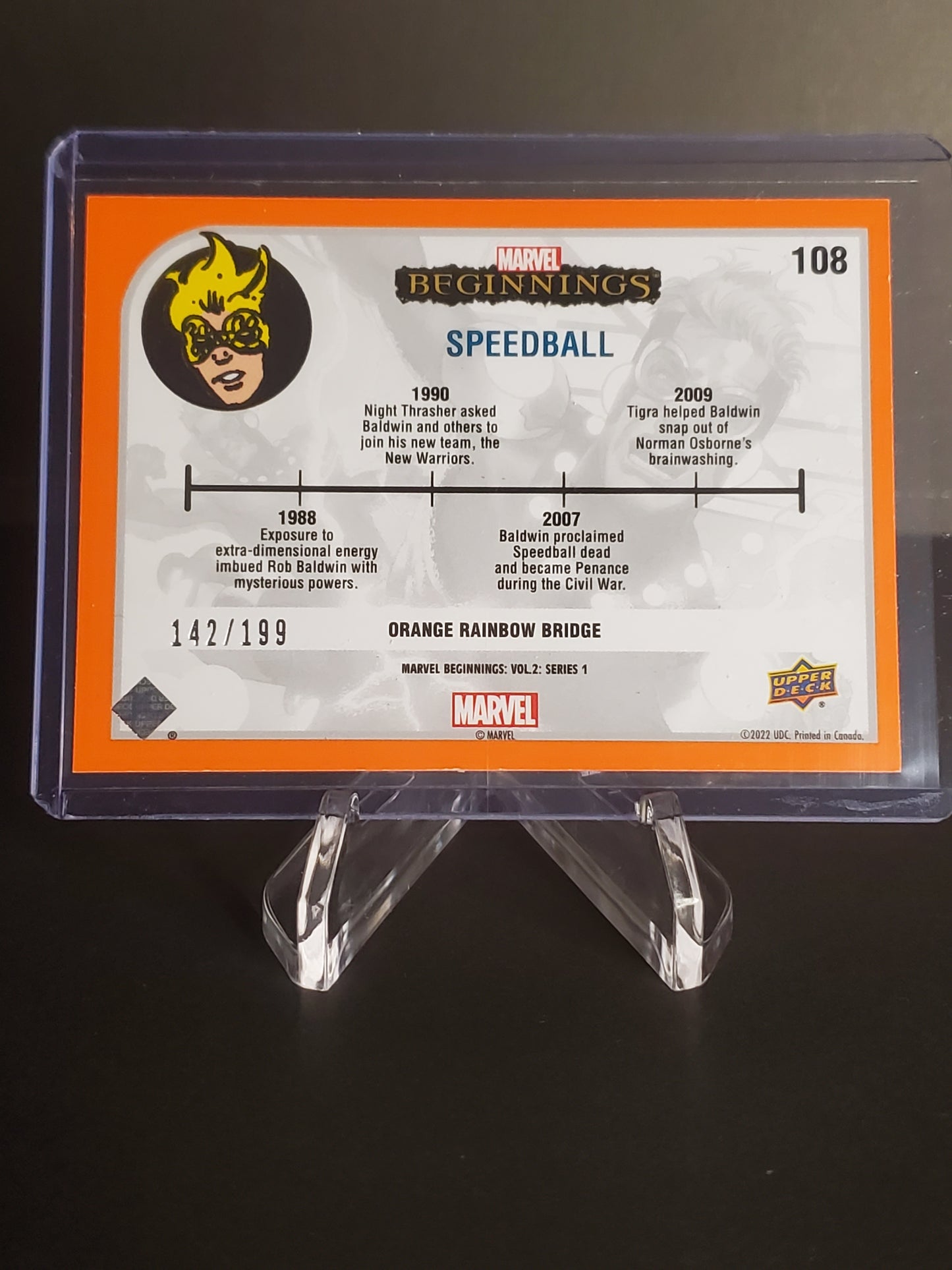 Speedball 2022 UD Marvel Beginnings Volume 2 Series 1 Orange Rainbow Bridge /199 #108