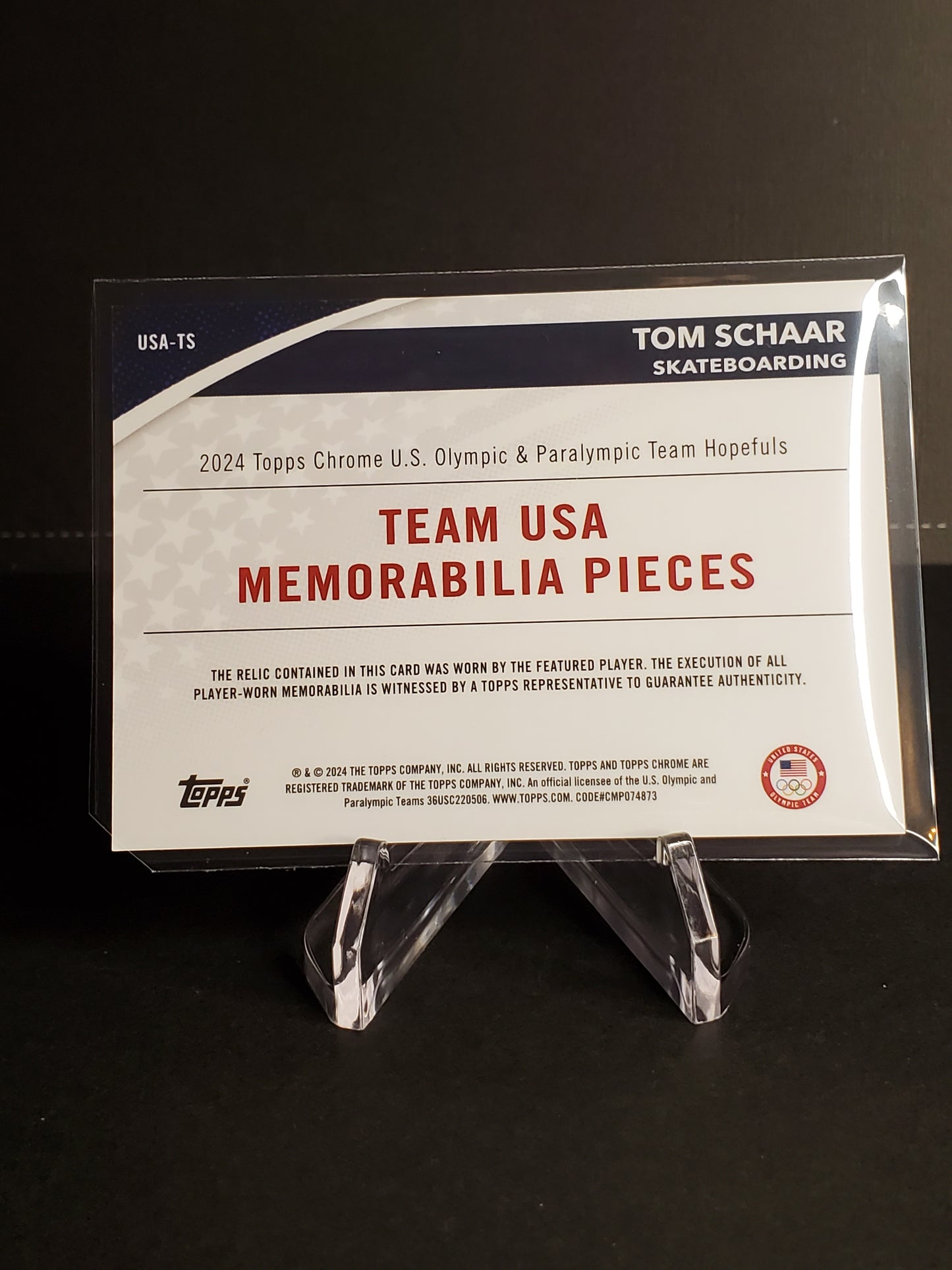 Tom Schaar 2024 Topps Chrome US Olympic and Paraolympic Hopefuls Team USA Memorabilia Pieces WORN Patch #USA-TS