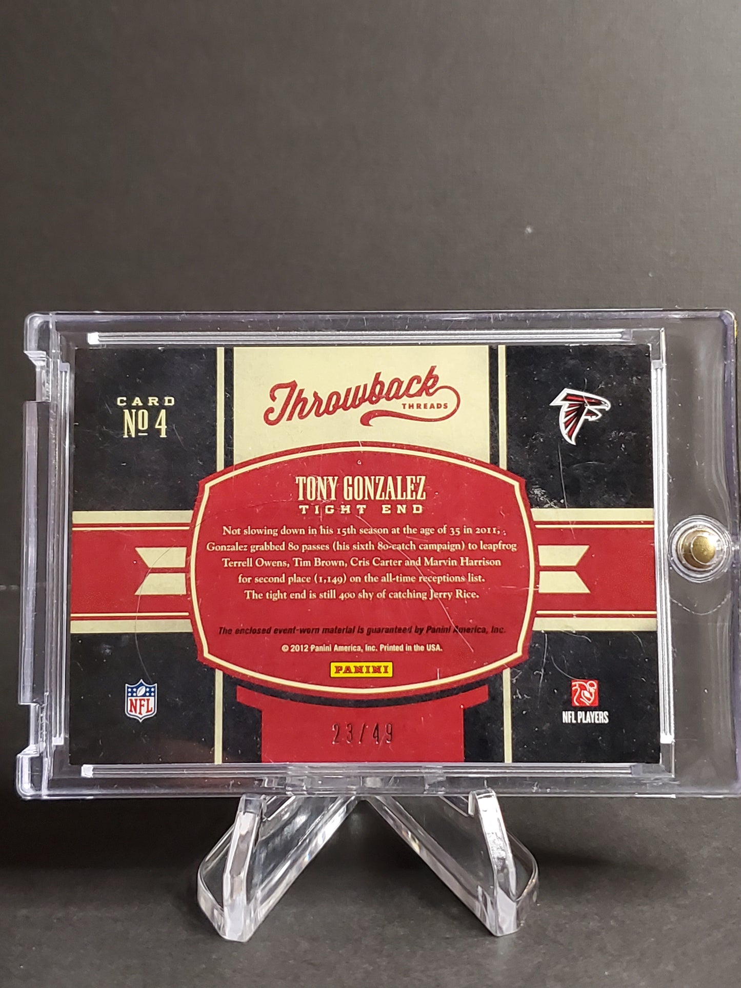Tony Gonzalez 2012 Panini Elite Throwback Threads Prime Patch #4 /49