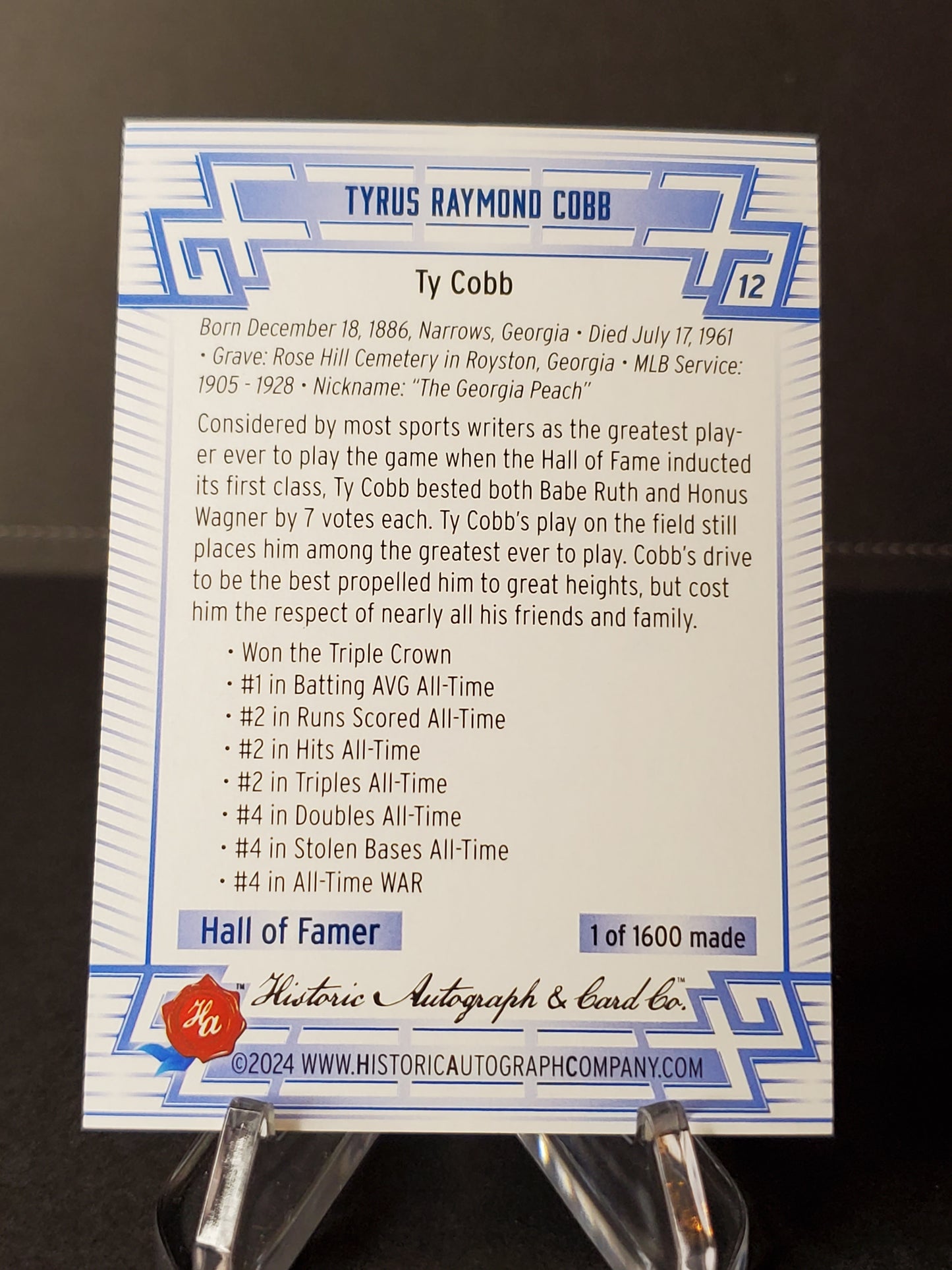 Ty Cobb 2024 Historic Autographs All Time Greats Tier1 /1600 #12