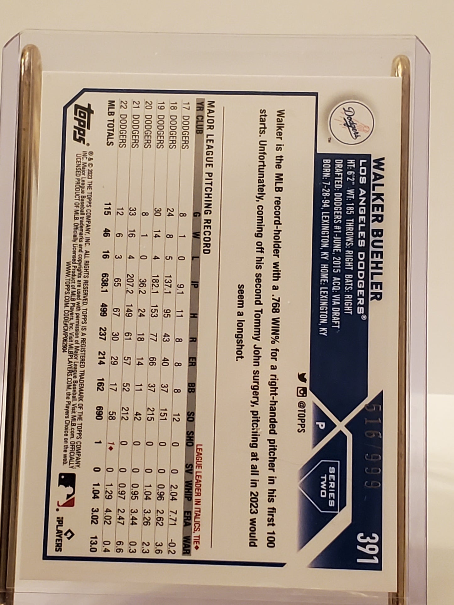 Walker Buehler - 2023 Topps Series 2 Blue Foil LA Dodgers #516/999 - 391