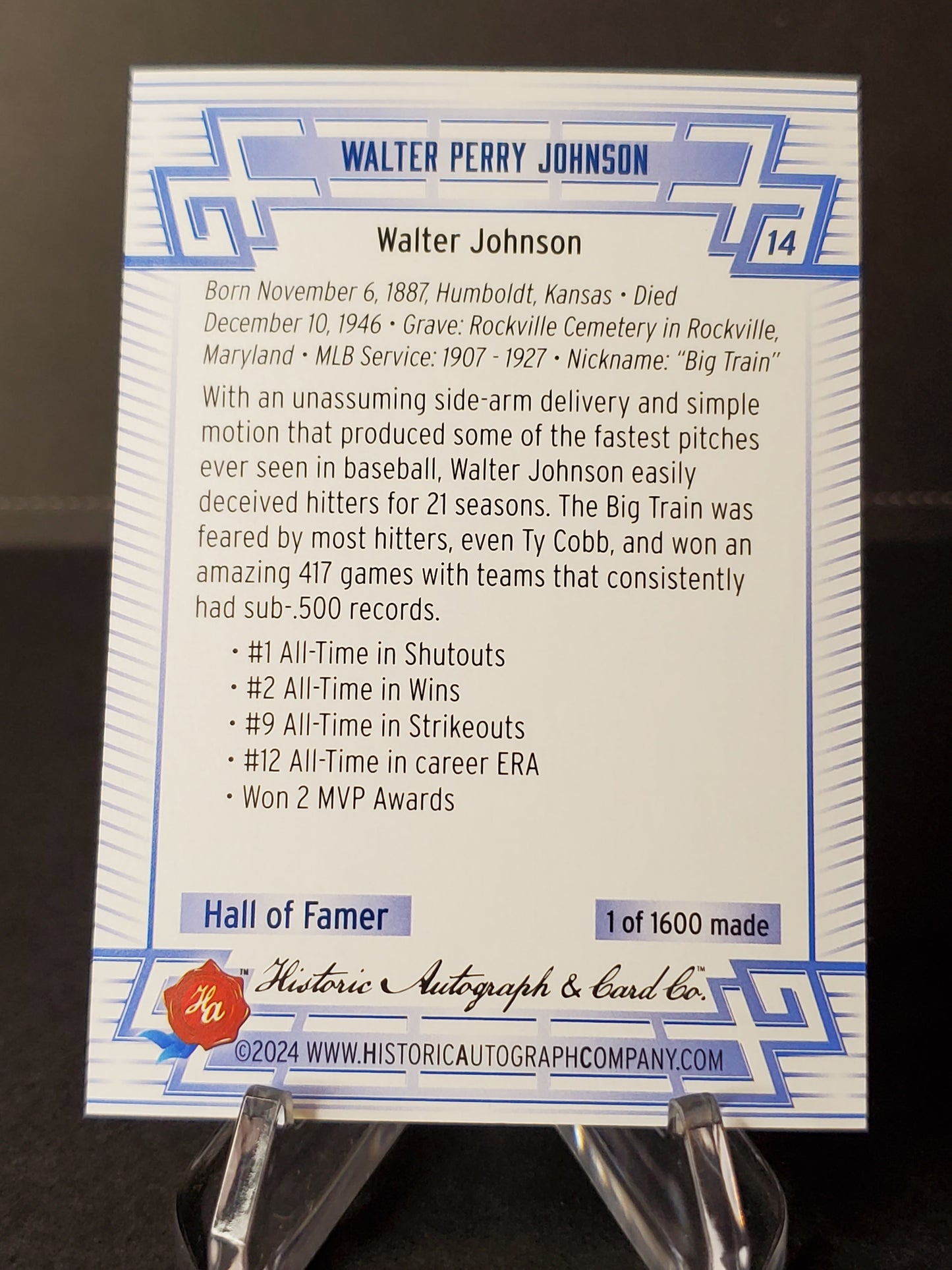 Walter Johnson 2024 Historic Autographs All Time Greats Tier 1 /1600 #14