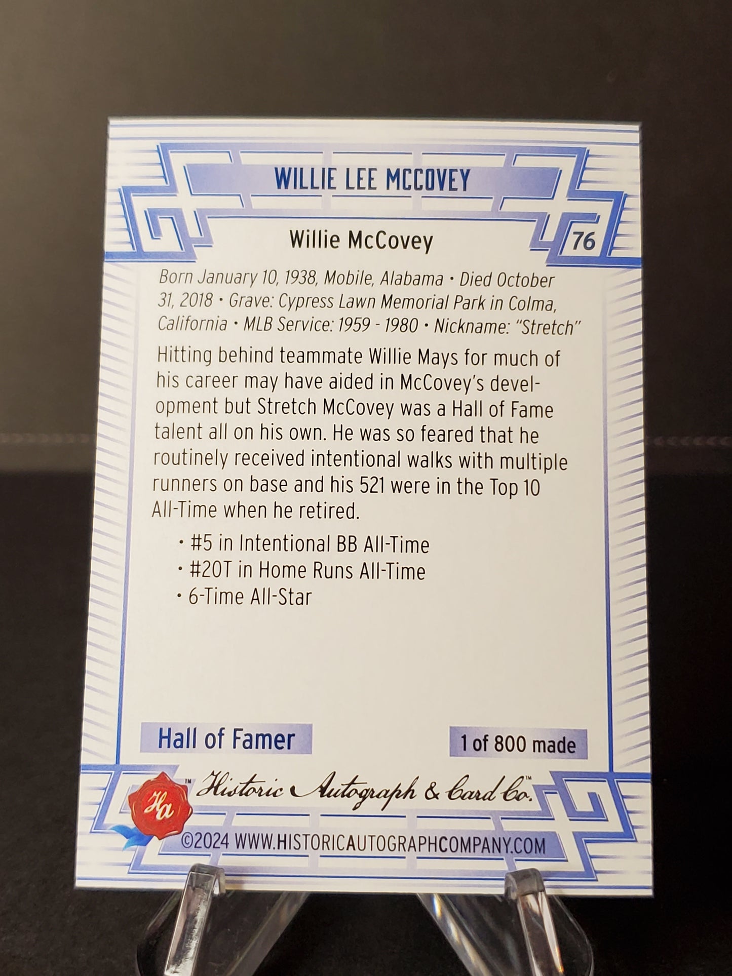Willie McCovey 2024 Historic Autographs All Time Greats Tier 2 /800 #76