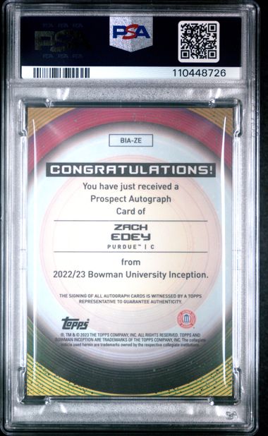2022-23 Bowman Inception University - Autographs Zach Edey #BIA-ZE PSA Gem MT 10