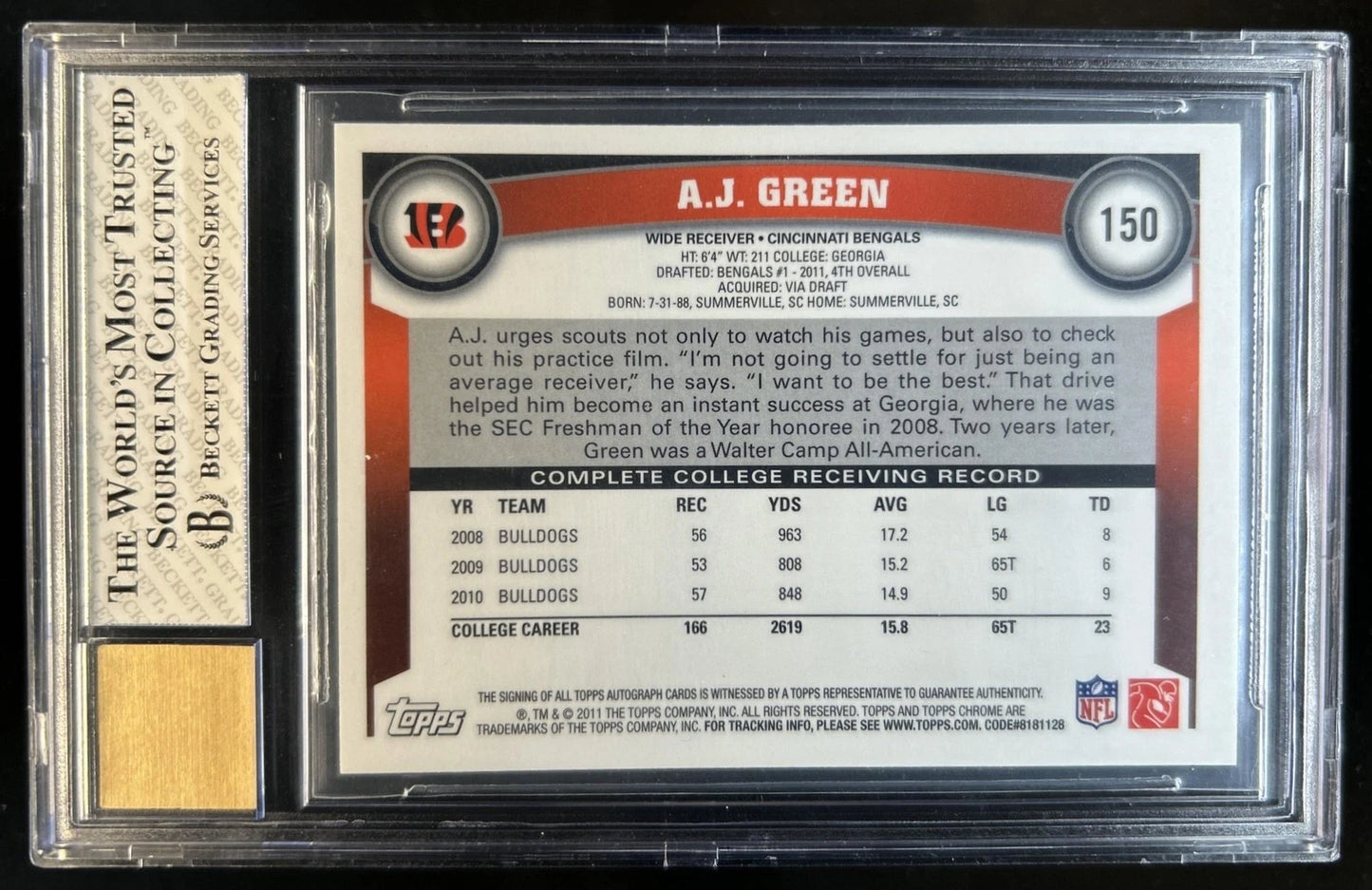2011 Topps Chrome A.J. Green Auto Autograph RC #150 Bengals BGS 8/10