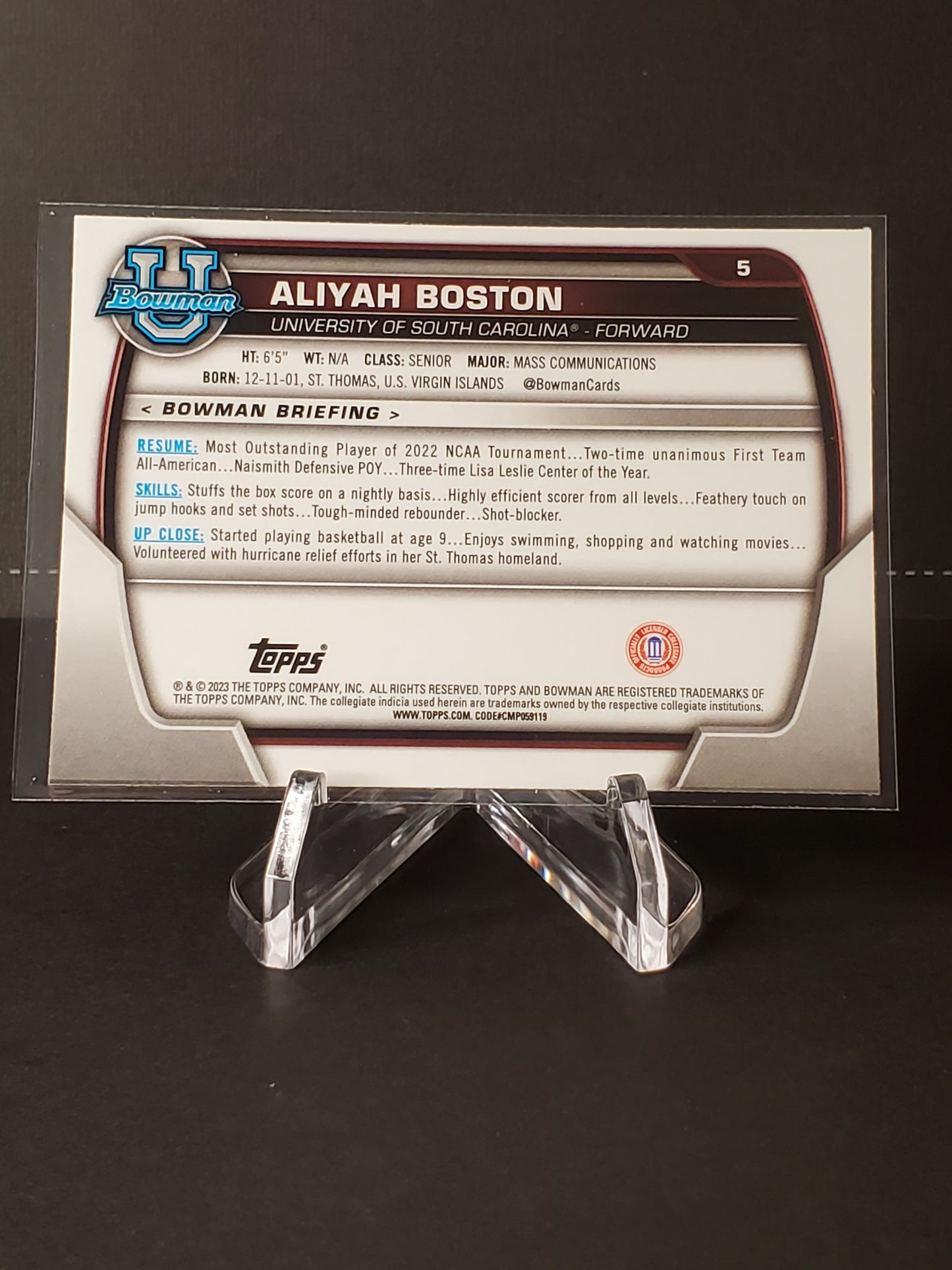 Aliyah Boston 2023 Topps Bowman University Chrome Basketball 1st Bowman #5