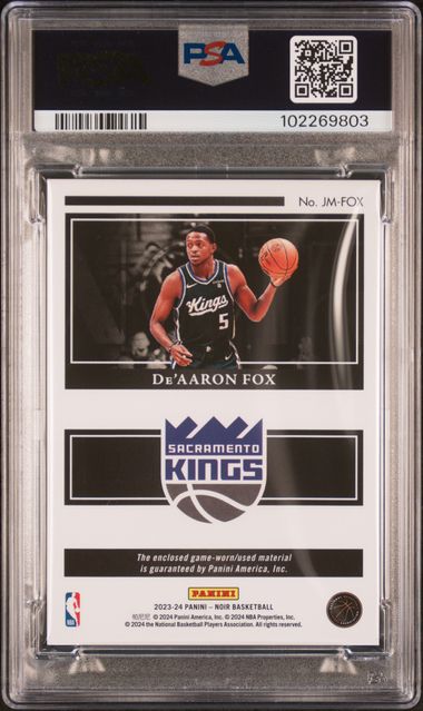 2023 Panini Noir Jumbo Materials De’Aaron Fox #JMFOX Jersey Match PSA 8 Kings