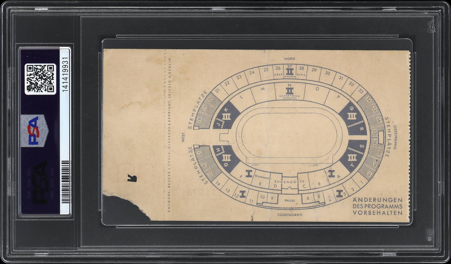 1936 Berlin Olympics Jesse Owens Debut Men's 100M QF Ticket Stub PSA 3 VG
