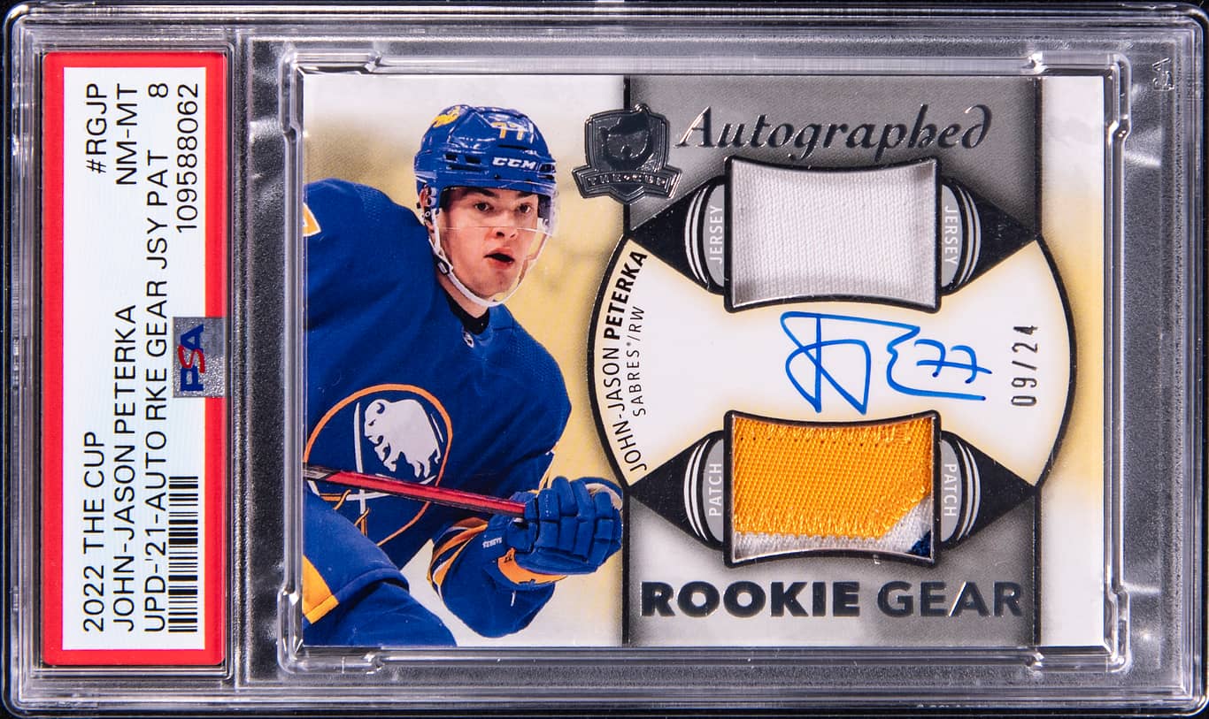 2022‑23 UD The Cup Update 21‑22 Rookie Gear # /24 JJ Peterka Auto Patch PSA 8
