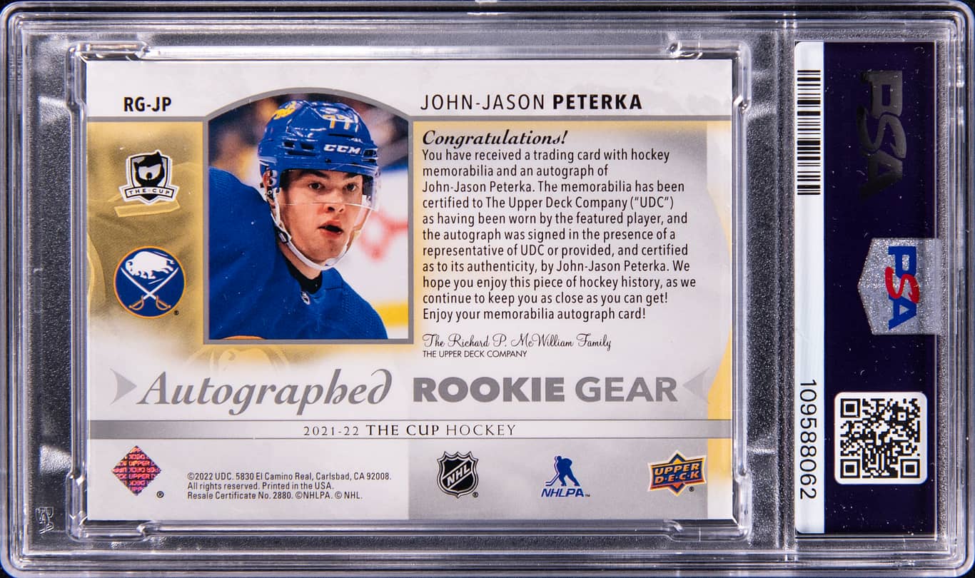 2022‑23 UD The Cup Update 21‑22 Rookie Gear # /24 JJ Peterka Auto Patch PSA 8