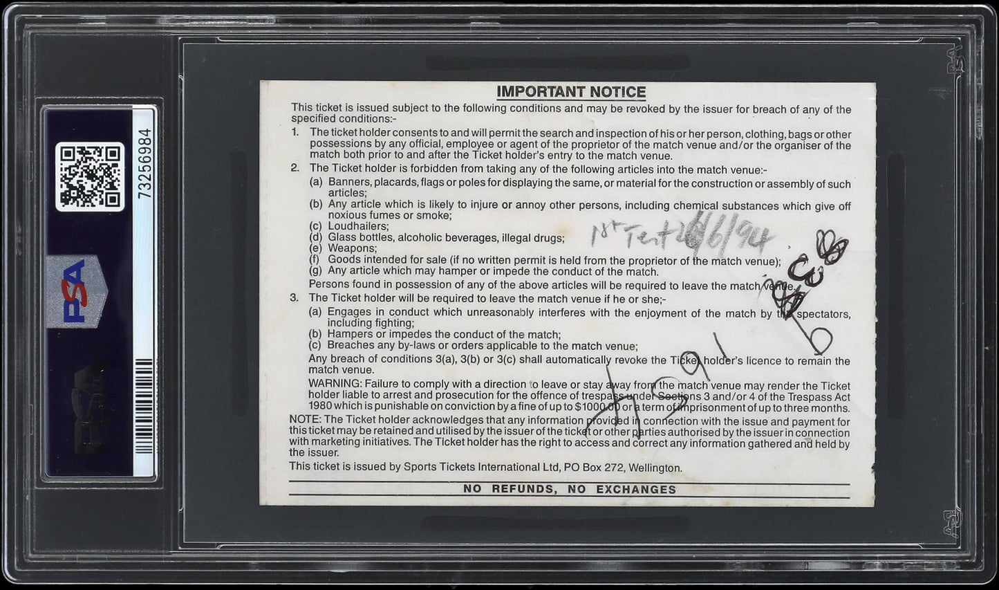 1994 Jonah Lomu All Blacks Debut Ticket Stub NZ vs France PSA 2 (MK) Rugby POP 1