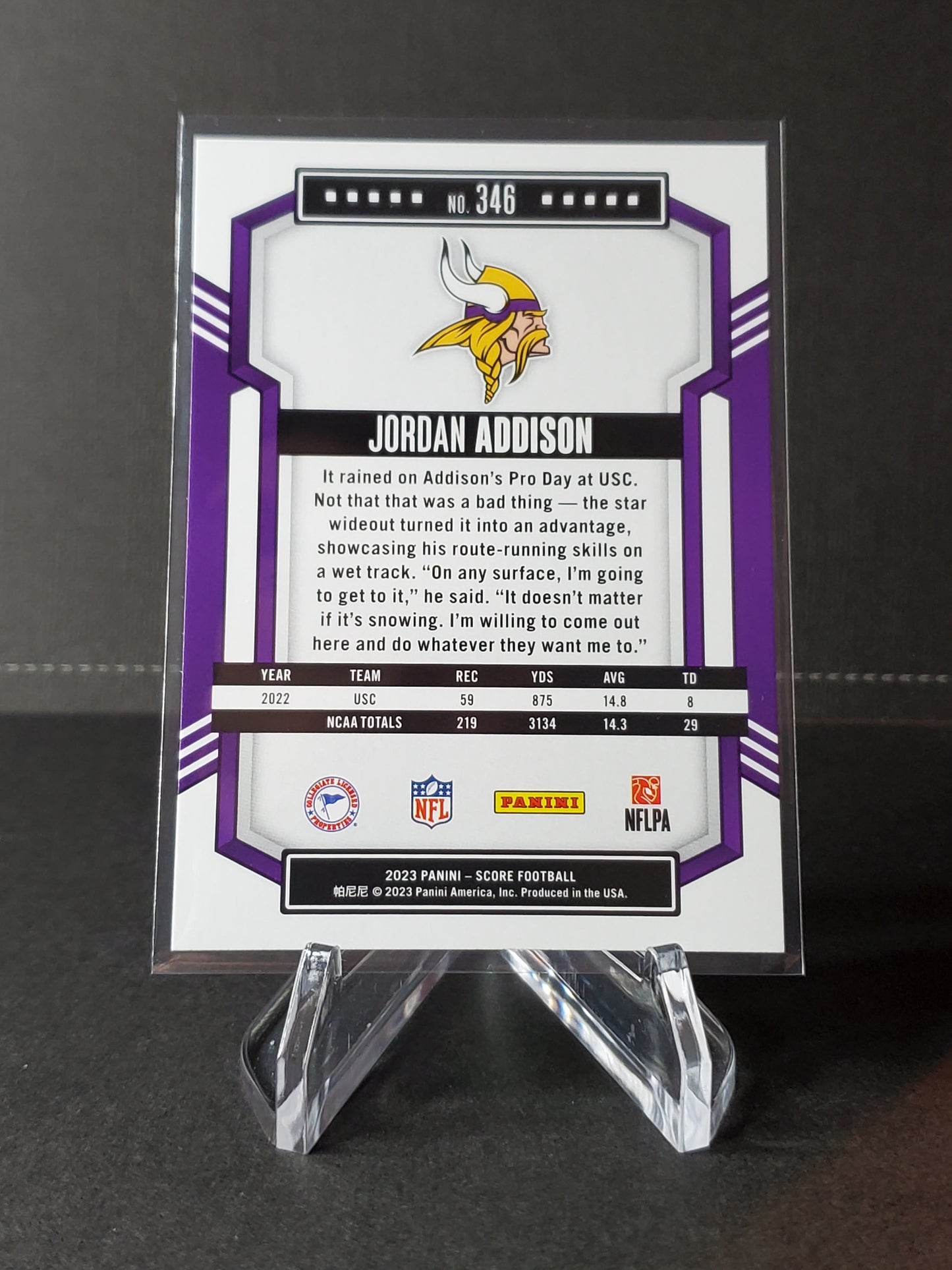 Jordan Addison 2023 Panini Score Football RC #346