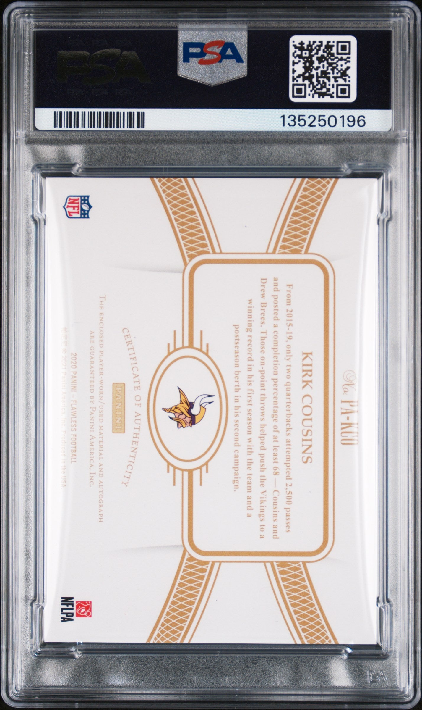 2020 Panini Flawless Kirk Cousins Patch AUTO #PA-KCO NFL RPA PSA 9/10 MINT