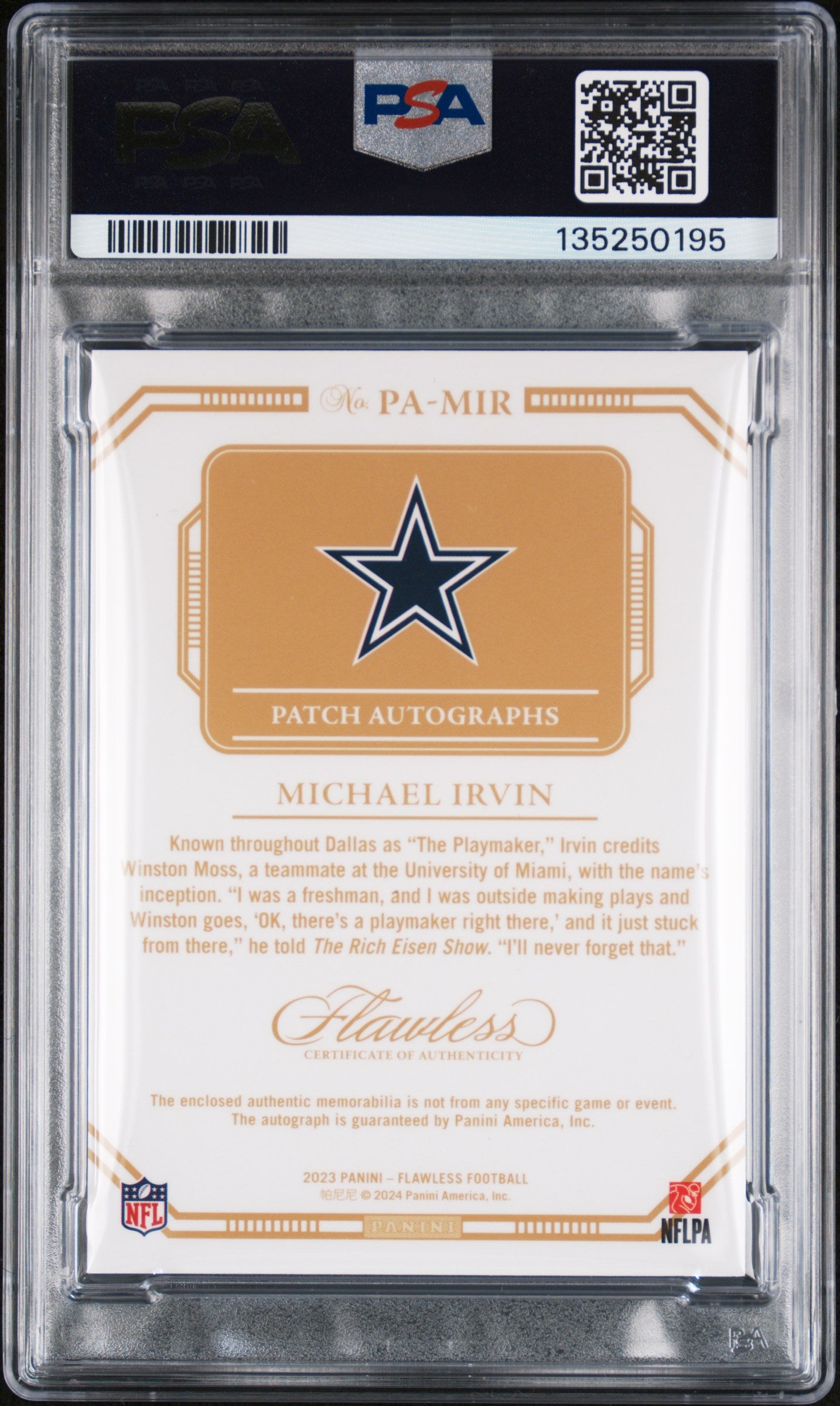 2023 Panini Flawless Michael Irvin Patch Auto Silver PSA 8 DNA 9 #PA-MIR HOF /20