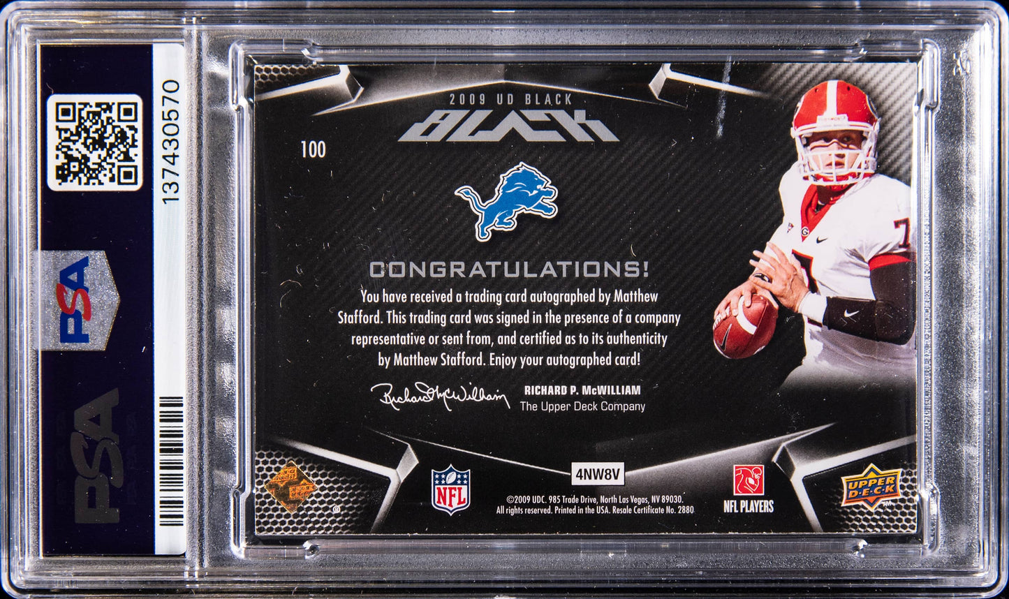 2009 Upper Deck Black Matthew Stafford RC AUTO /199 PSA 8 Rookie #100 UGA Lions