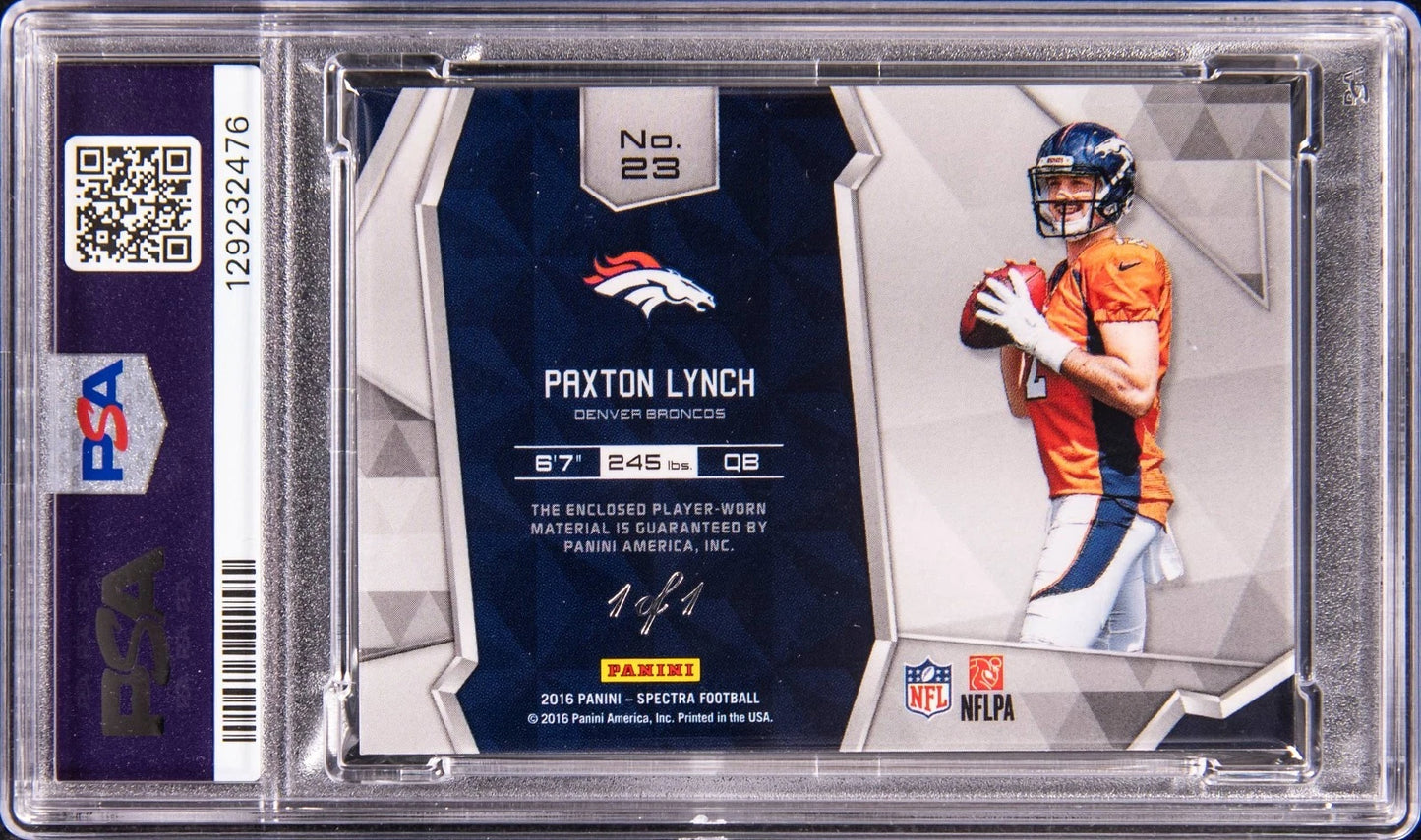 2016 Panini Spectra Paxton Lynch Immense Gold Laundry Tag Patch RC 1/1 PSA 9 #23