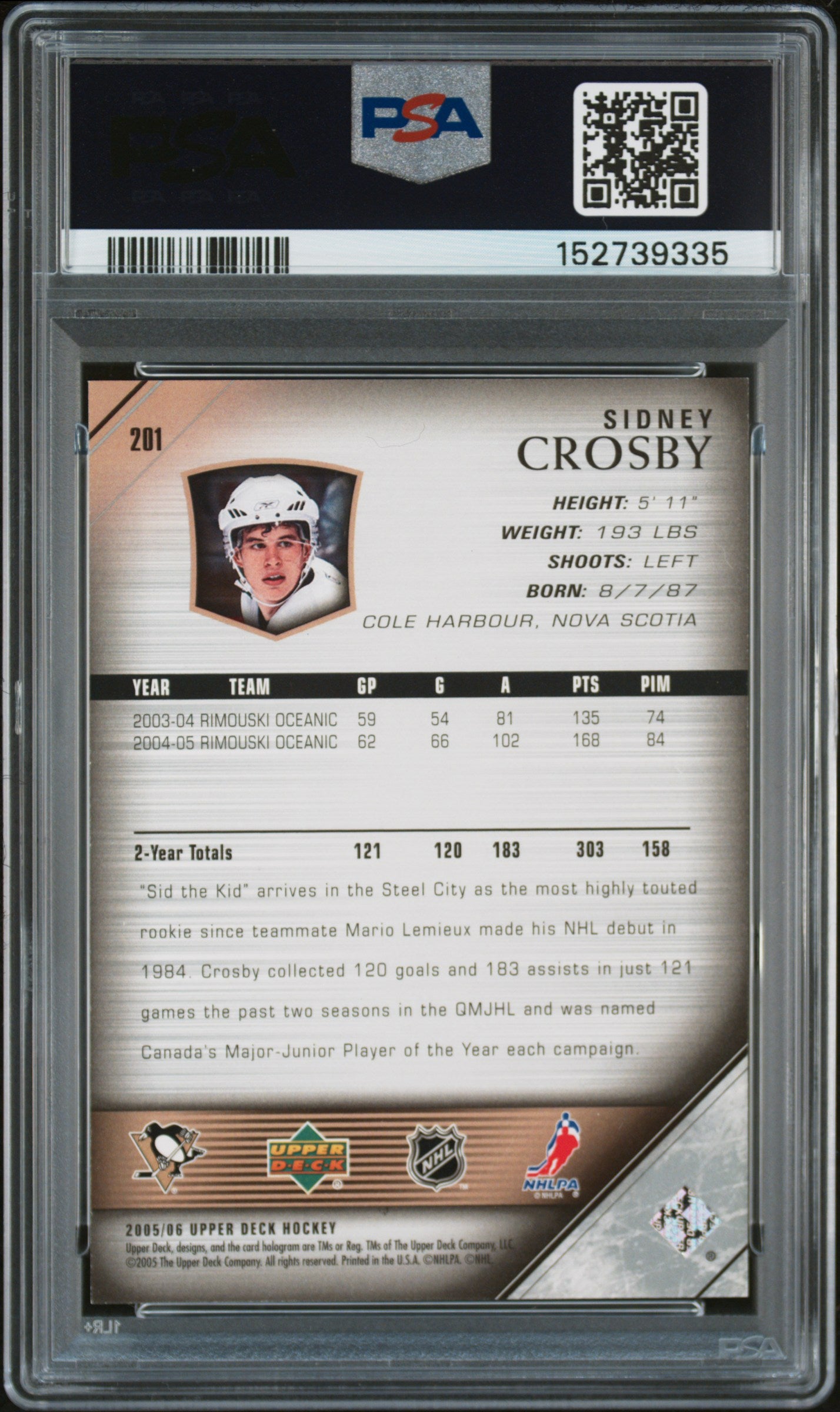 2005 UPPER DECK #201 SIDNEY CROSBY Young Guns PSA 9
