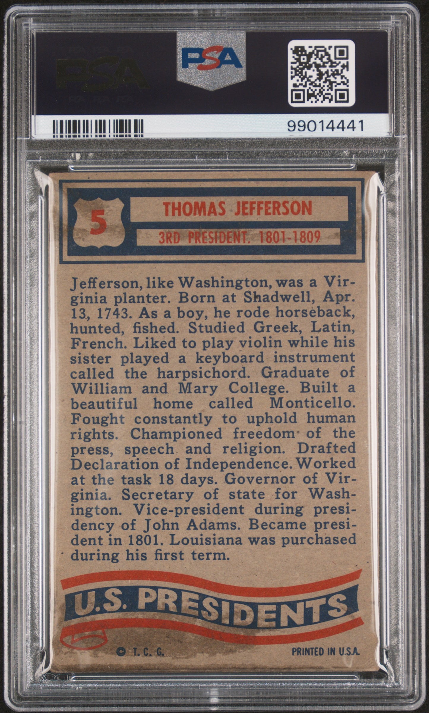 Thomas Jefferson 1956 Topps U.S. Presidents #5 PSA 1.5 Eye Appeal / Centered!