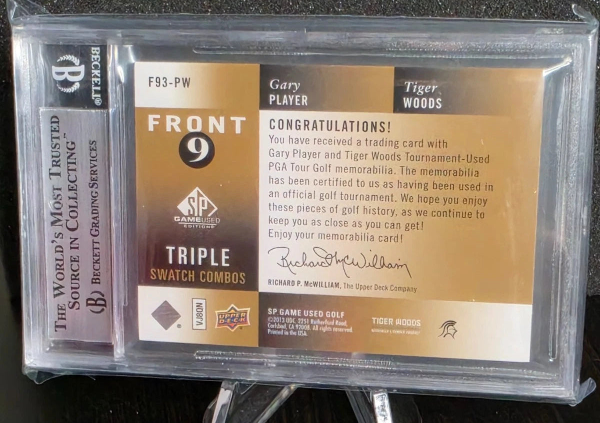 2014 SP Game Used Front Nine Fabrics #F93-PW Gary Player/Tiger Woods /10 BGS 9
