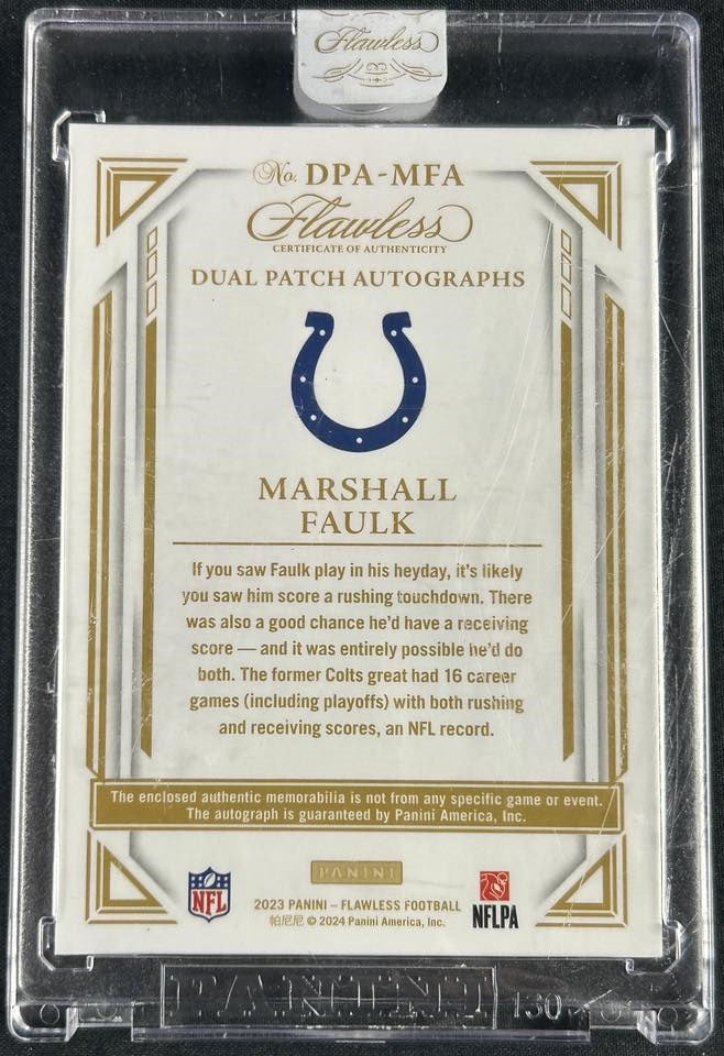 2023 Panini Flawless Marshall Faulk Patch Auto /20 On Card Bookend #DPA-MFA