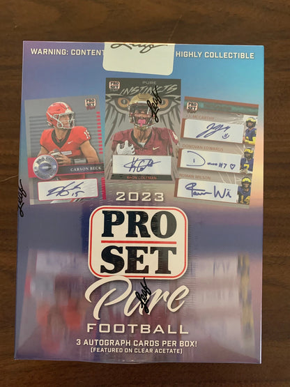 2023 Pro Set Pure Football Factory Sealed Hobby Box 3 Acetate Auto's Per Box