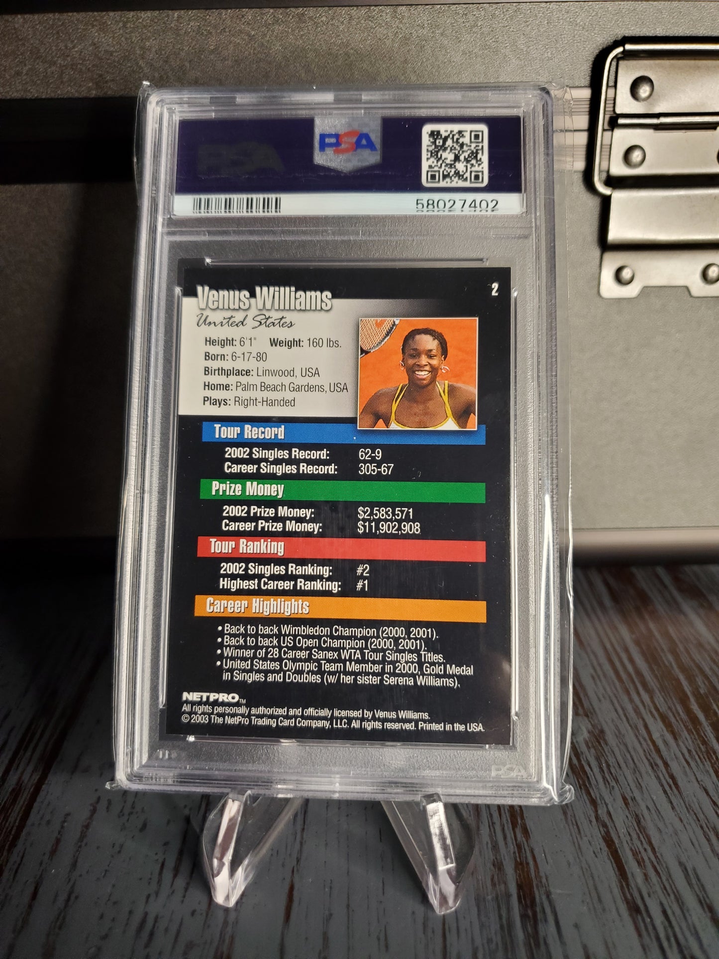 2003 Netpro Tennis VENUS WILLIAMS Rookie Card RC #2 PSA Graded 9 Mint