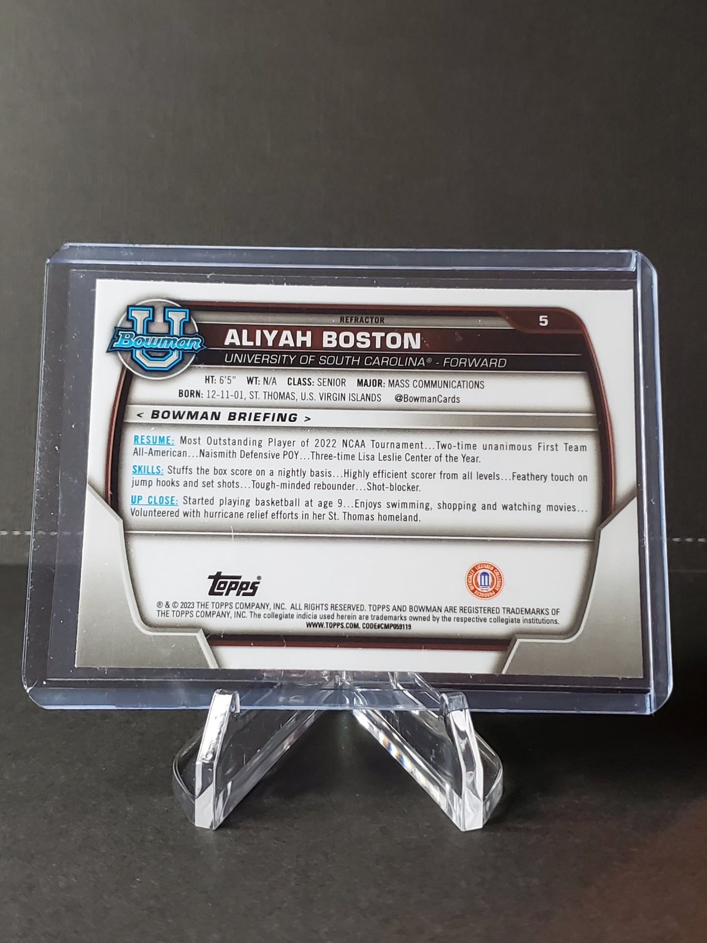 Aliyah Boston 2023 Topps Bowman University "1st Bowman" Refractor #5