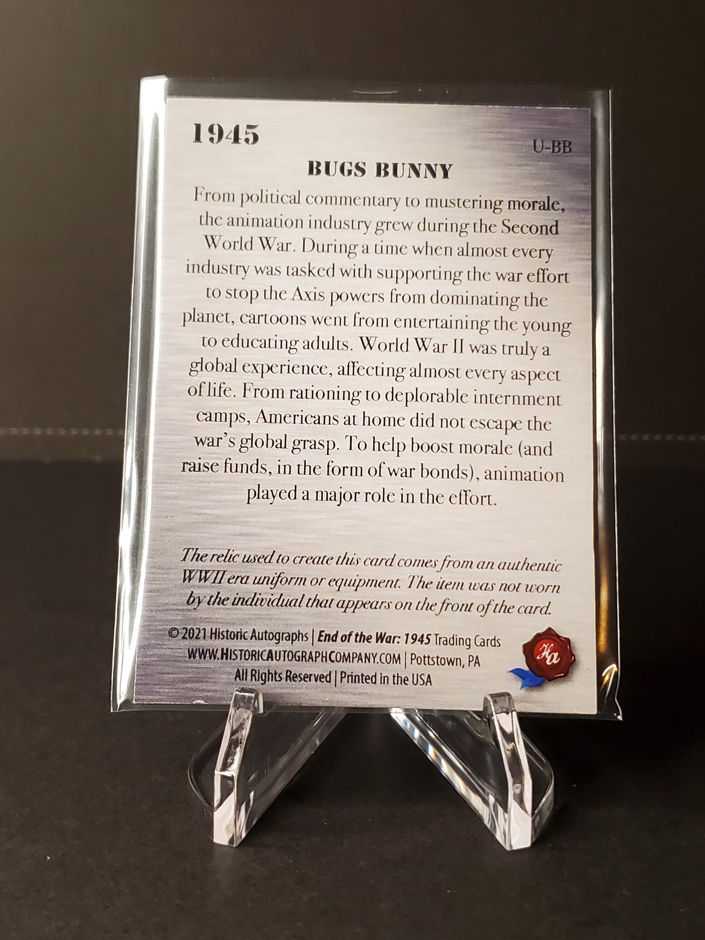 Bugs Bunny 2021 Historic Autographs 1945 Uniform Relic U-BB