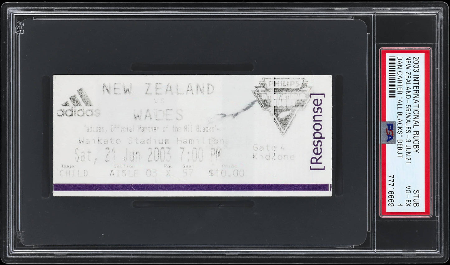 2003 Dan Carter New Zealand All Blacks Debut Rugby Ticket Stub PSA 4 VG-EX