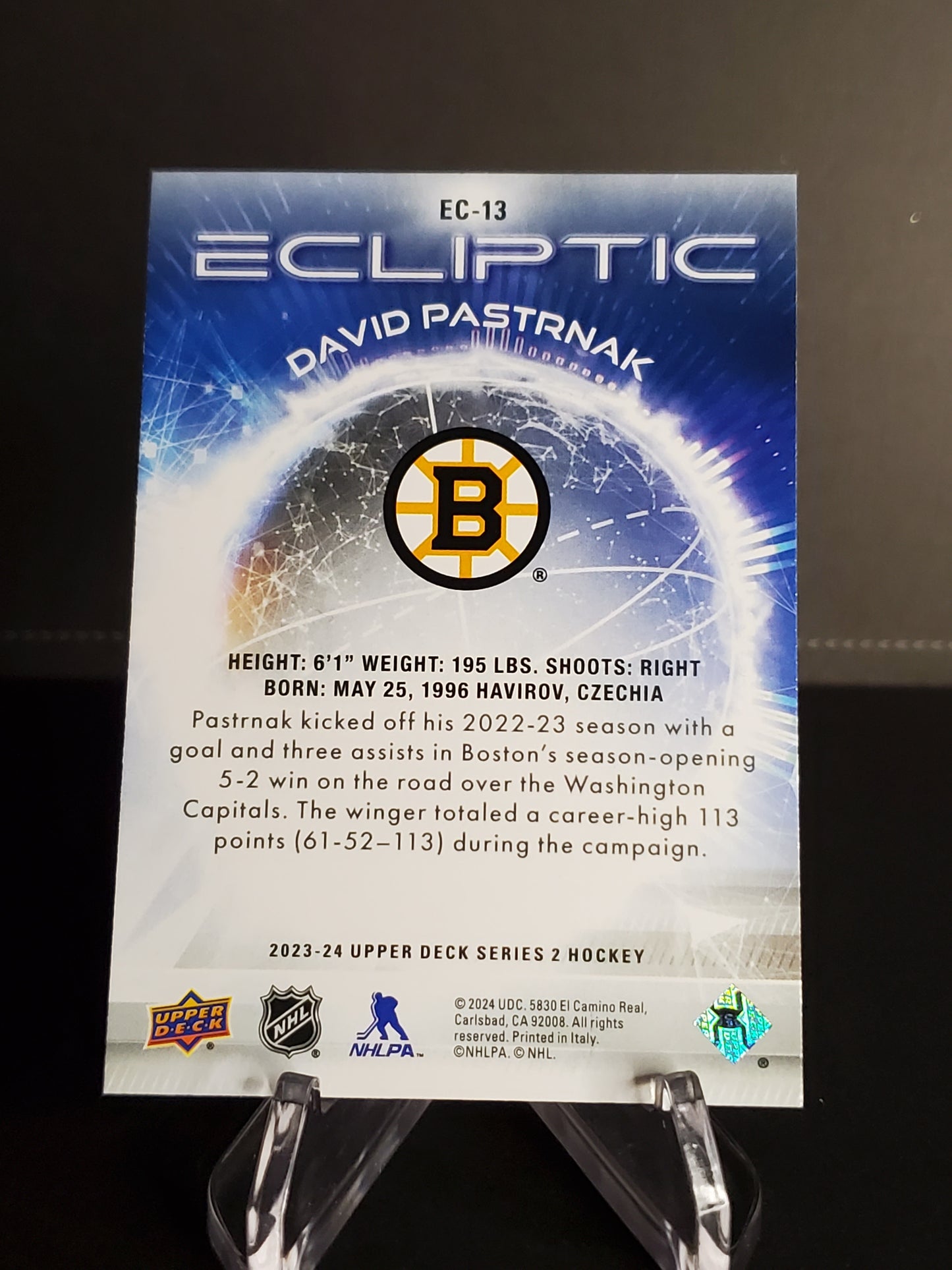 David Pastrnak 2023/24 Upper Deck Series 2 Sparkle Ecliptic #EC-13