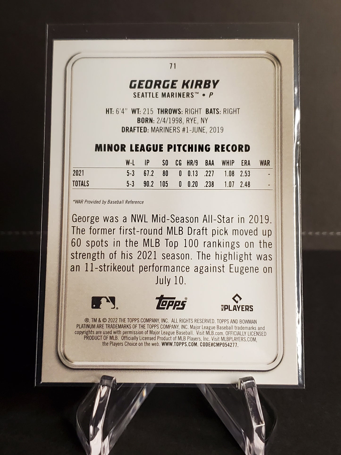 George Kirby 2022 Bowman Platinum RC #71