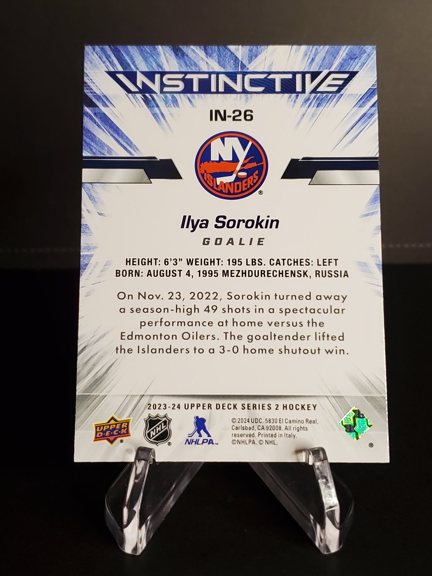 Ilya Sorokin 2023/24 Upper Deck Series 2 Instinctive #IN-26