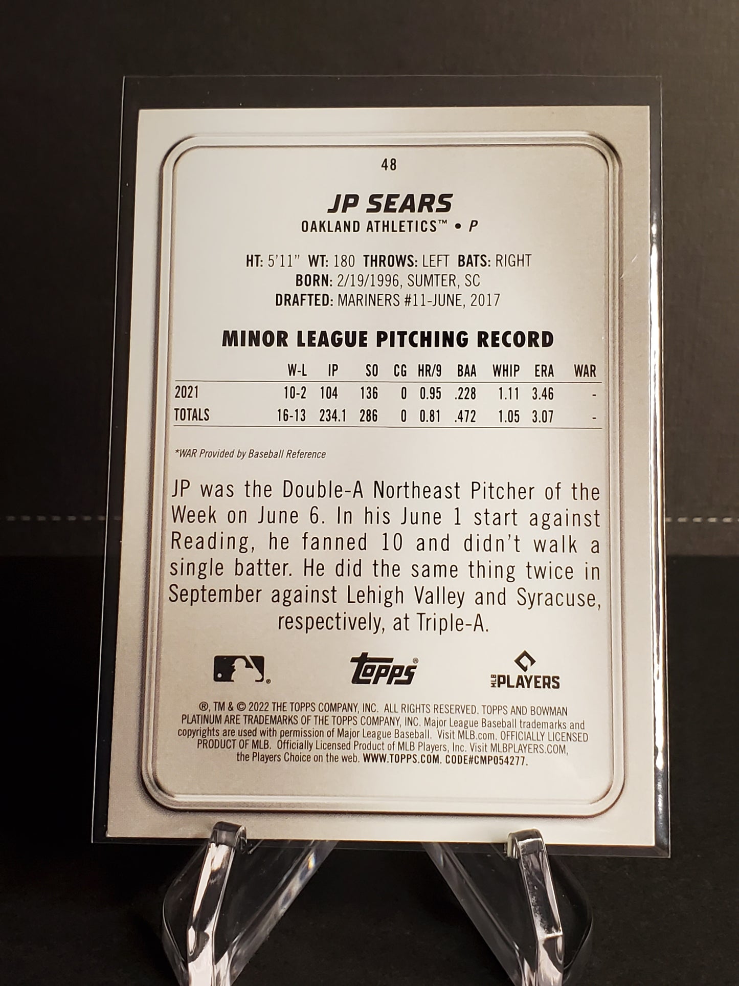 JP Sears 2022 Bowman Platinum RC #48