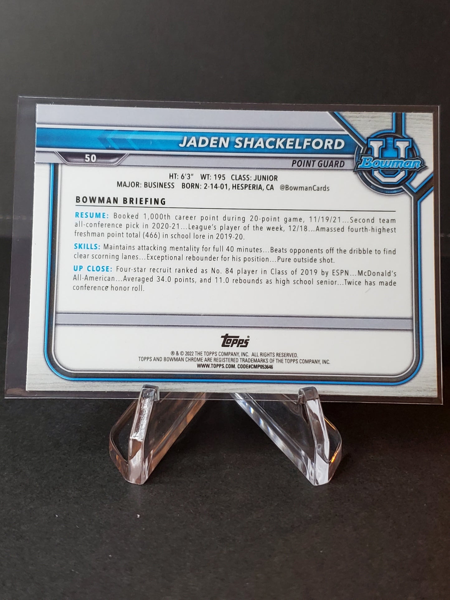 Jaden Shackelford 2021-22 Bowman University Chrome Refractor #50