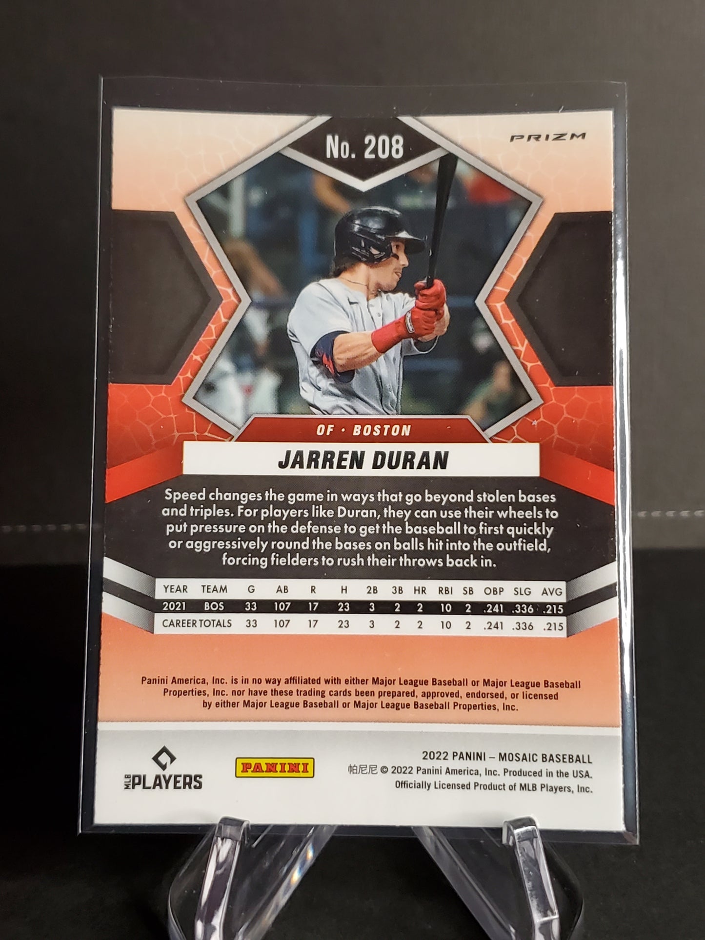 Jarren Duran 2022 Panini Mosaic Baseball Prizm Blue Camo RC #208