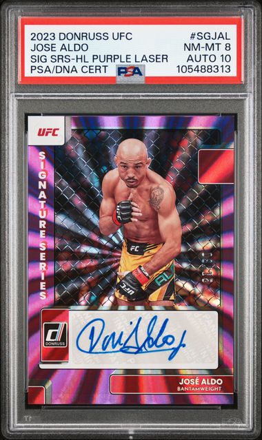JOSE ALDO - 2023 DONRUSS UFC SIGNATURE SERIES #SGJAL PURPLE LASER PSA 8/10