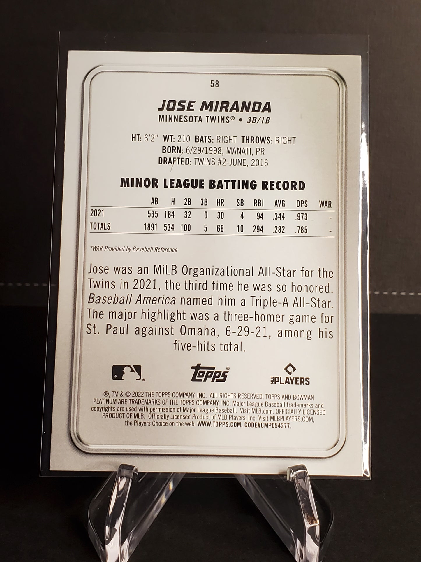 Jose Miranda 2022 Bowman Platinum RC #58